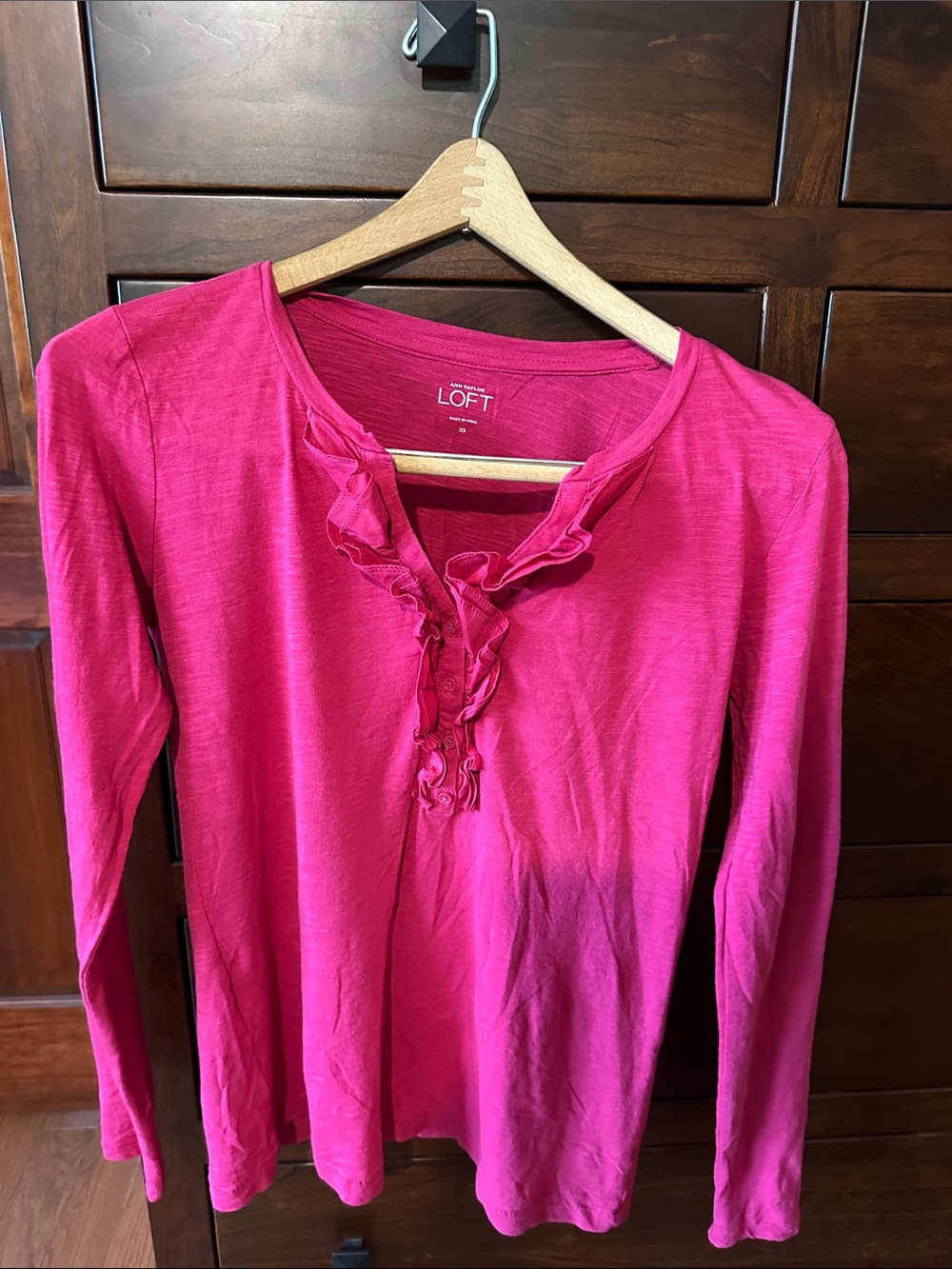 LOFT Long-Sleeve Ruffle Henley Top - Hot Pink